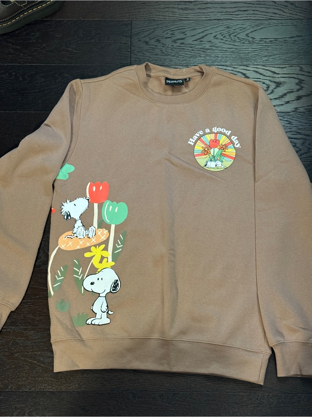 Peanuts Men’s Brown Graphic Crewneck Sweatshirt with Snoopy & Woodstock